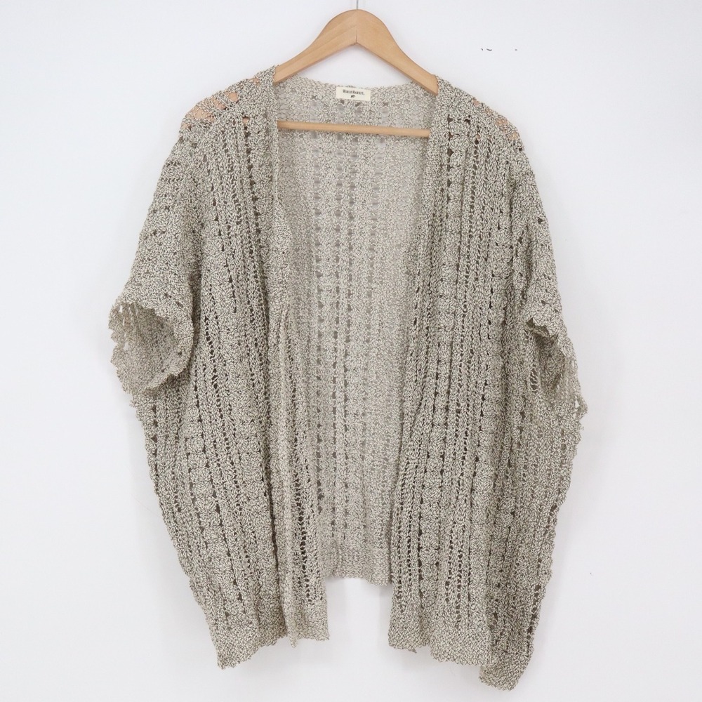 World Market Cardigan Womens OS Open Front Beige Marled Crochet Knit Excellent